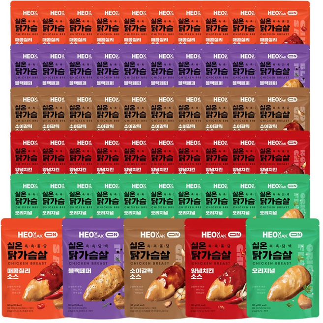 허닭ON 촉촉담백퐁당 실온 닭가슴살 5종 혼합, 55개, 120g