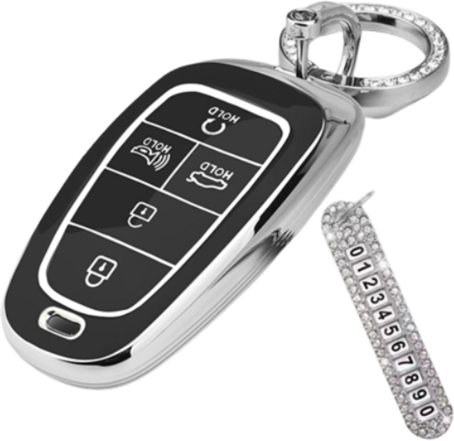 키에티 현대 호환 팰리세이드 투싼NX4 5버튼 TPU 엣지 키케이스 + 큐빅번호판, 실버_블랙