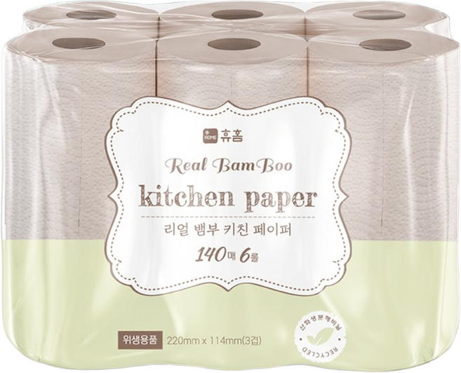 휴홈 무표백 3겹 대나무 키친타올 롤형 140매, 1개, 6개입