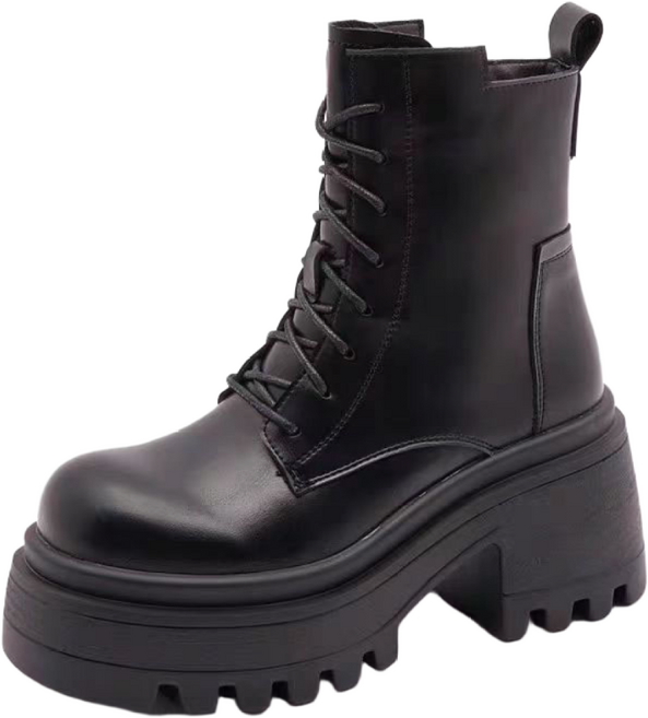 여성 레더 워커 부츠 캐주얼 키높이 8cm 통굽 슈즈 가을겨울 빈티지 앵클부츠 패션 미끄럼 방지 SJS