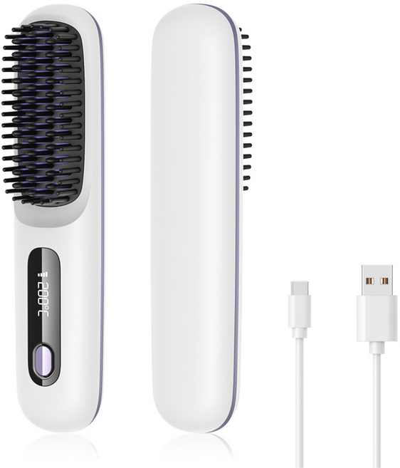 무선 빗고데기 음이온 브러쉬 헤어 스타일러 3단계 온도조절 매직기 휴대용, 화이트