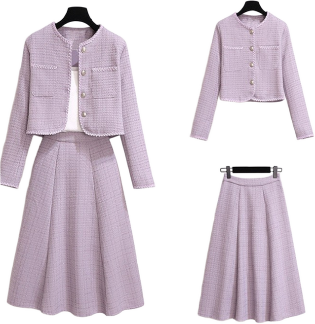 POMTOR 여성 빅사이즈 정장 치마 세트 봄가을 정장자켓+주름 스커트 상하의 세트