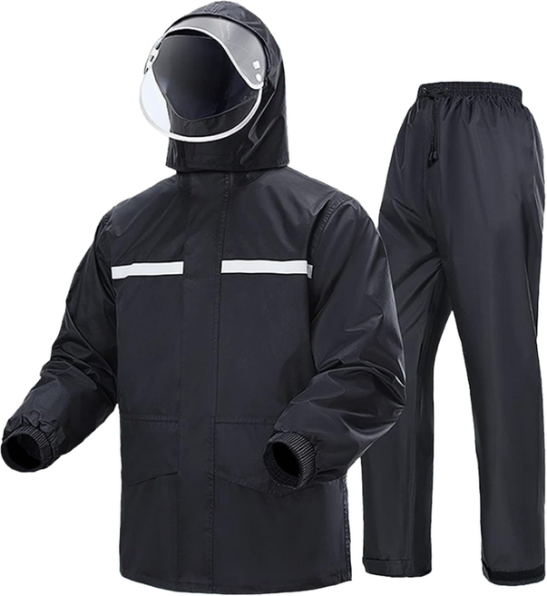 테밍 젖지않는 오토바이 우의 상하의 이중 안감 소재 우비 세트, 검정