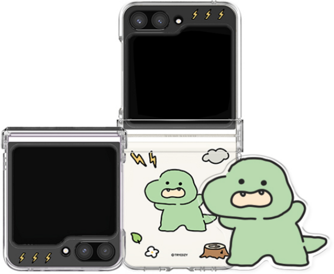 삐뚤빼뚤 공룡 갤럭시 Z플립 투명 하드 힌지보호 케이스+아크릴톡 세트