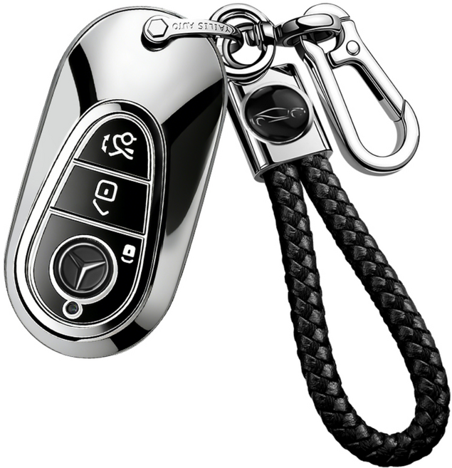 MODACE 2022~2024 벤츠 신형 자동차 스마트키 케이스 TPU Benz 키홀더+가죽 메탈 키링, 실버 블랙, 블랙 둥근 키링