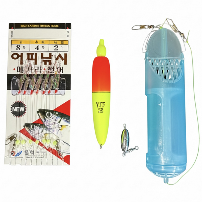 어피낚시세트+집어통 카고낚시 어피채비 고등어 전갱이 전어 잡어, 바늘7호, 1개, 반짝이