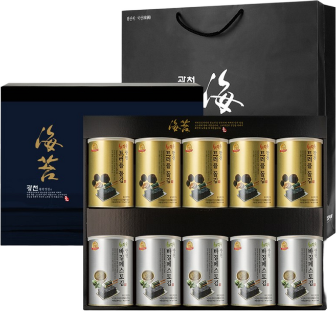 명품 해달음 광천 일품1호 트러플 돌김 바질페스토 재래김 도시락캔김 고급 답례품 쇼핑백포함 10P 선물세트, 5세트