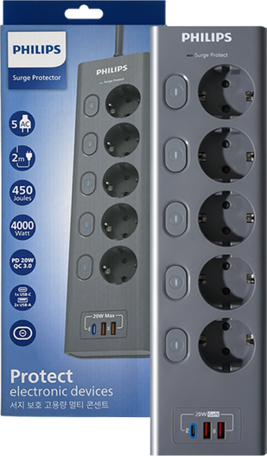 필립스 멀티탭 맥스USB 서지보호 고용량 개별스위치 고속충전, 1개, 그레이 CHP6752GA, 2m