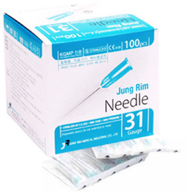 주사침 일회용 멸균 모음 병원여드름니들주사바늘 정림 31G 1/2인치, 100개