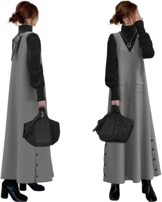 ZAJA 여성 겨울 원피스 긴팔 브이넥 배색 루즈핏 롱원피스