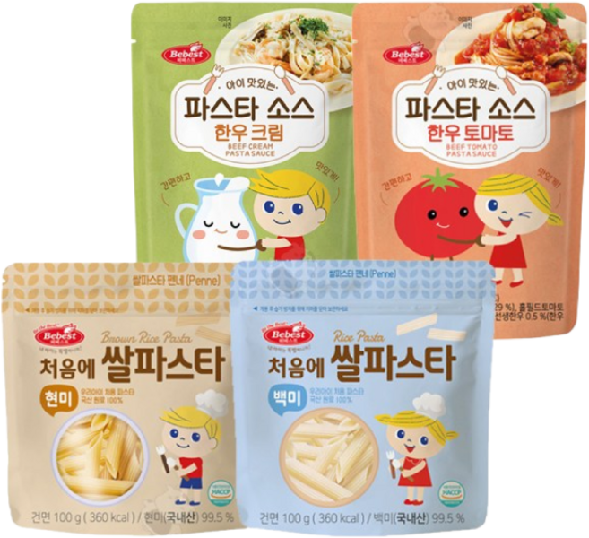 베베스트 처음에 쌀파스타 2종+아이 맛있는 파스타 소스 2종(한우 크림 & 한우 토마토), 1개