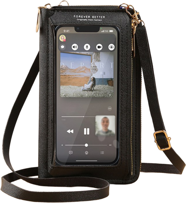 폰로드 터치 스크린 전기종 스마트폰 지갑형 크로스백 케이스, 블랙, 1개