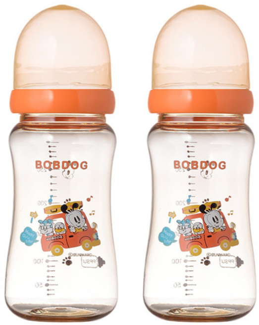 리틀밥독 국내 제조 프리미엄 PPSU 노꼭지 젖병 트윈팩, 오렌지, 300ml, 2개