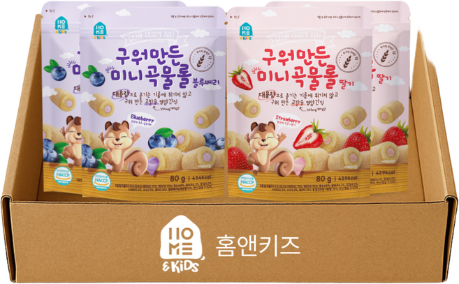 [홈앤키즈] 구워만든 미니곡물롤 2종 혼합, 1세트, 320g, 딸기맛 2개+블루베리 2개