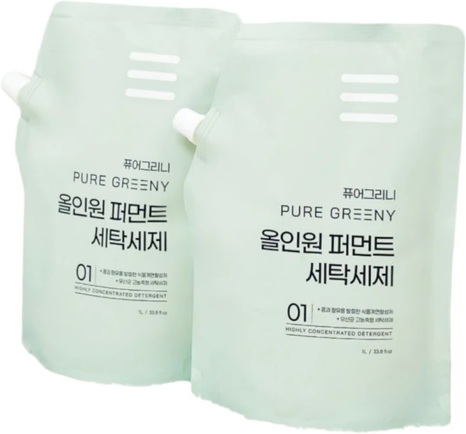 1+1 퓨어그리니 올인원 퍼먼트 친환경 EM 고농축 천연 순비누 세탁세제 (리필), 2개, 1L - 쿠팡