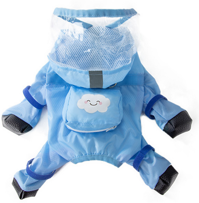 강아지 우비 레인코트 전신 방수 방풍 신발+우비, 1개, 푸른 색