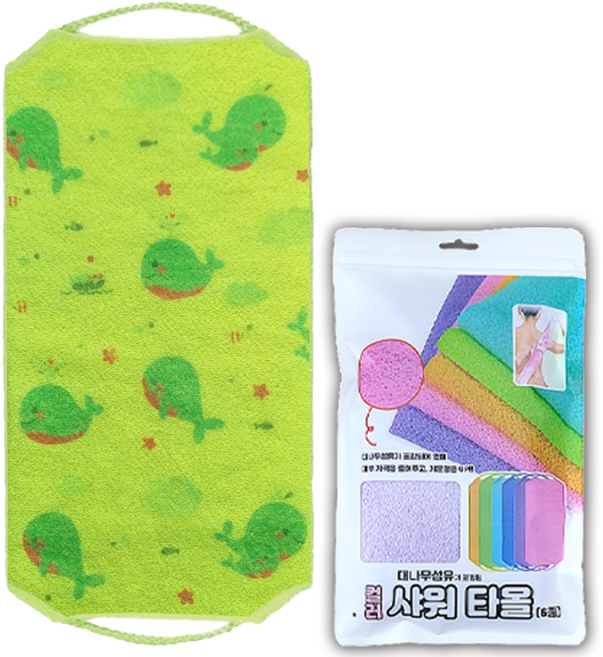 [1+1] 대나무섬유 샤워타올 때타올 (NEW 색상 무늬), 2개, 1세트, 그린 (고래)