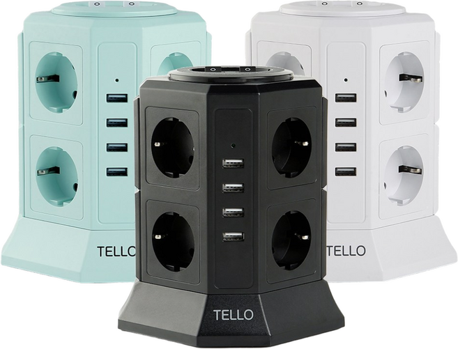 (베이직)텔로 과부하차단 USB 타워 멀티탭 서지 차단 12구 인테리어 사무실 책상 다용도 KC인증 예쁜 디자인 멀티 콘센트, 3m, 블랙, 1개