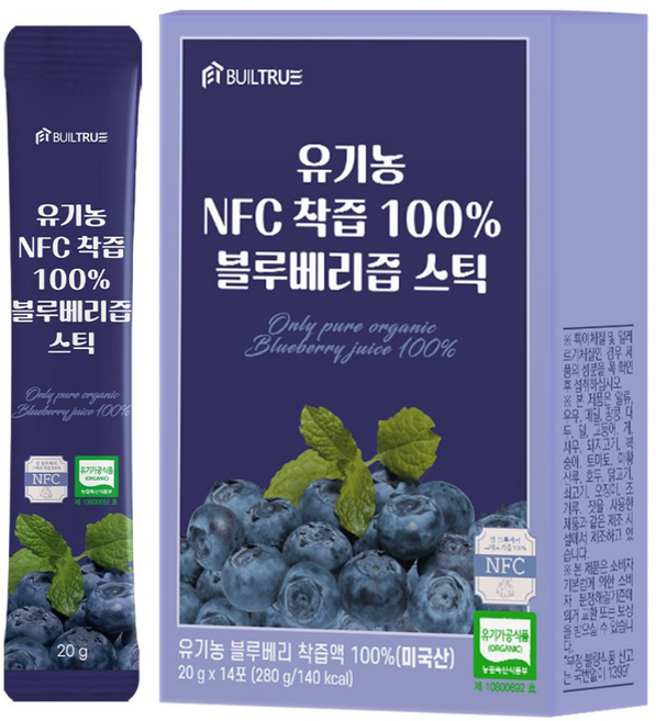 빌트루 유기농 NFC 착즙 100% 블루베리즙 스틱, 1개, 280g