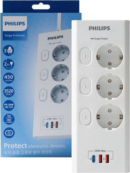 필립스 맥스 서지보호멀티탭 고용량 개별스위치 고속충전, 1개, 화이트 3구 CHP6732WA, 2m