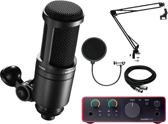 오디오테크니카 AT2020 콘덴서 마이크 포커스라이트 스칼렛 솔로 4세대 세트, 암스탠드+팝필터+케이블