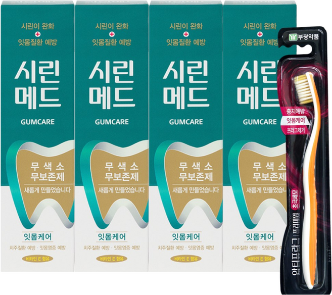 부광약품 시린메드 검케어민트치약 125g X 4개 + 안티프라그 프리미엄칫솔(초극세모) 1P