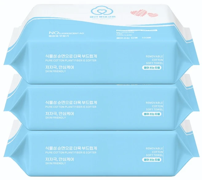 클린퓨어코튼 천연 순면 일회용 페이스타올, 3개, 100매 - 쿠팡