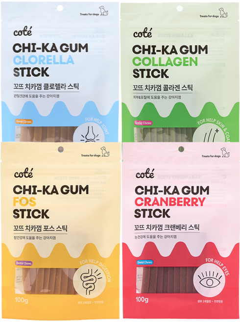 꼬뜨 강아지 치카껌 4종 세트, 혼합맛(크랜베리/포스/콜라겐/클로렐라), 1세트