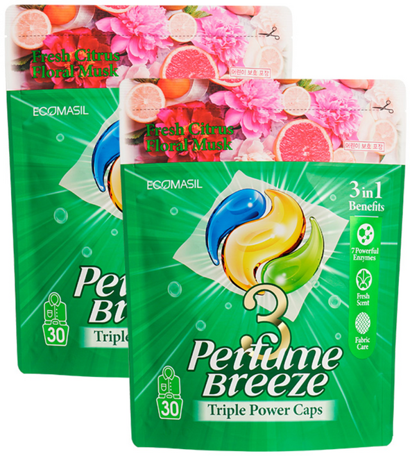 에코마실 3 퍼퓸 브리즈 고농축 효소 세탁 캡슐 세제 파우치, 2개, 30개입