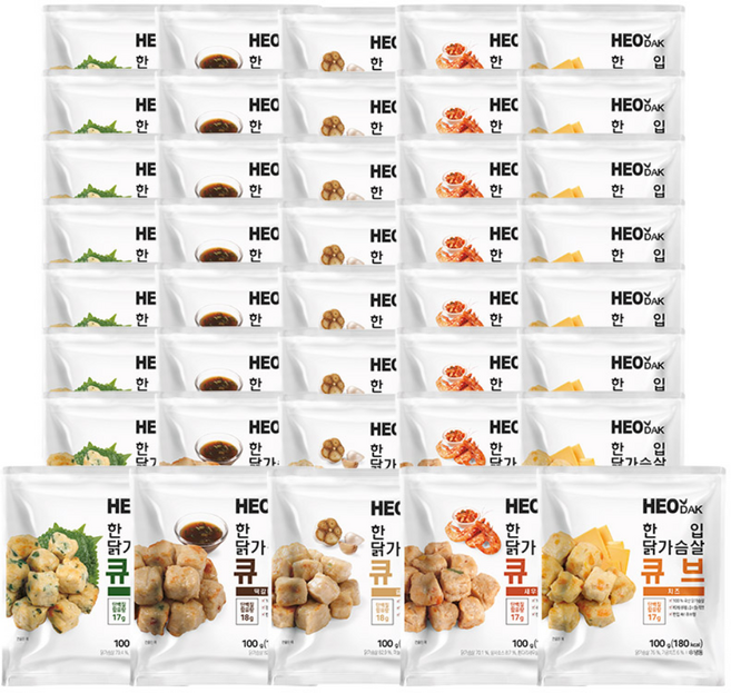 허닭 한입 닭가슴살 큐브 5종 혼합 (떡갈비+새우+깻잎+치즈+갈릭), 40개, 100g