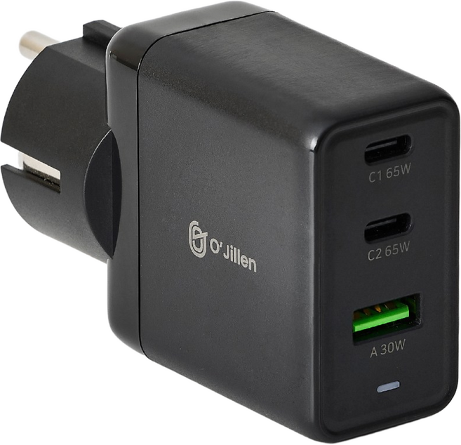 오지렌 Gan PPS 65W 접지형 3포트 초고속 멀티 충전기 어댑터, 1개, 블랙