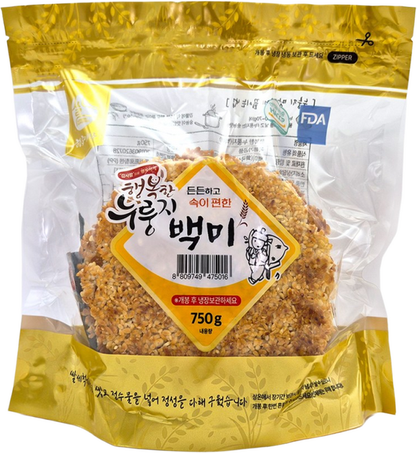 [황금이삭] 행복한 백미누룽지 750g 든든하고 행복한 끓여먹는 가마솥누룽지, 백미 누룽지 820g, 820g, 1개
