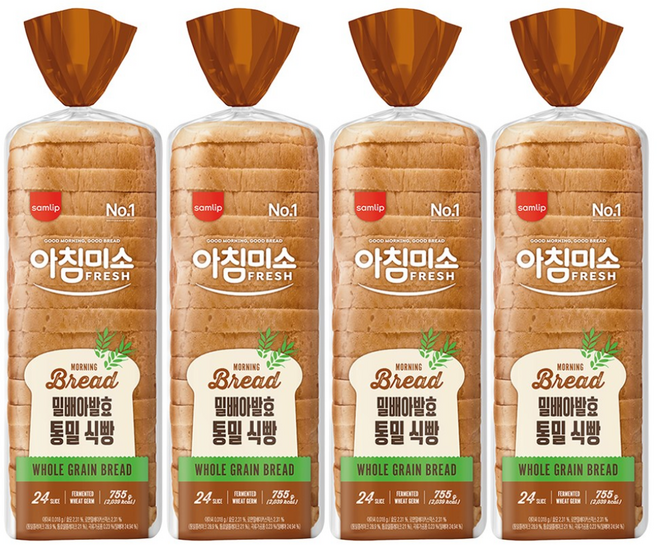 삼립 통밀식빵 쫄깃한 식감 곡물 풍미 가득 24슬라이스, 755g, 4개