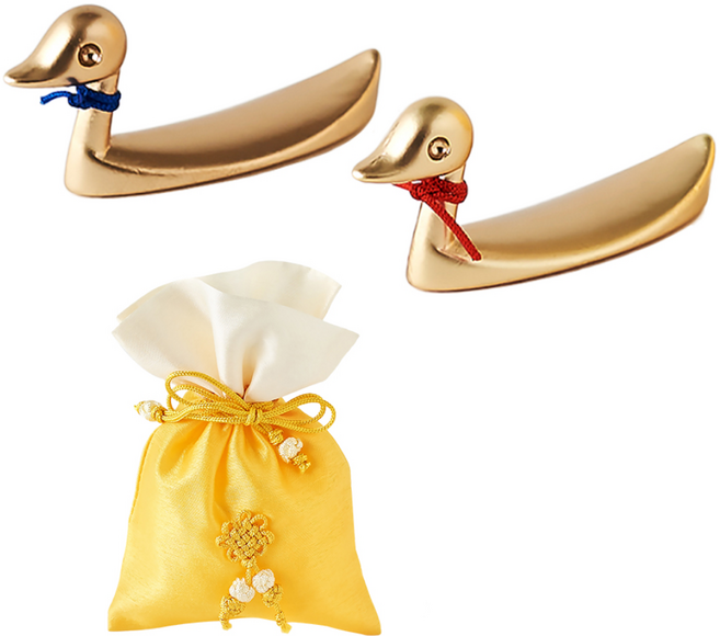 [기러기 한쌍 수저 받침] 냉장고 자석 복주머니 선물포장, 1박스, 골드색상