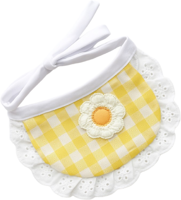 아늑상점 강아지 고양이 체크 플라워 케이프 턱받이, 1개, 엘로우
