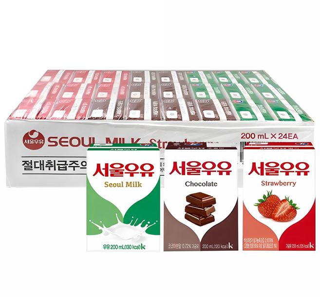 서울우유 멸균우유 + 초코우유 + 딸기우유 (각 8개씩 총 24입), 200ml, 24개