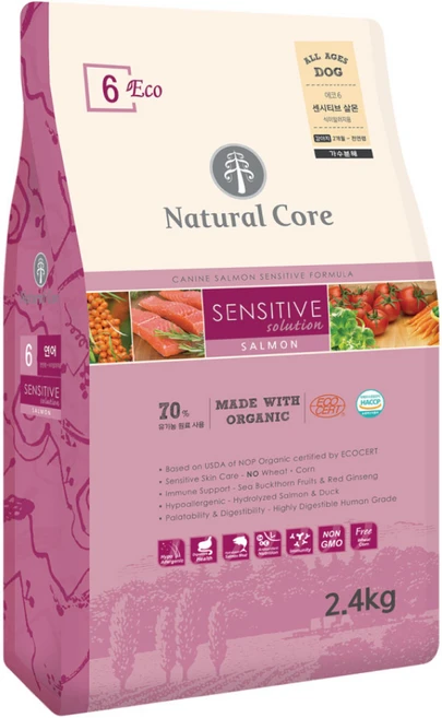 네츄럴코어 전연령 강아지 에코6 센시티브솔루션 중간입자, 연어, 2.4kg, 1개 - 쿠팡
