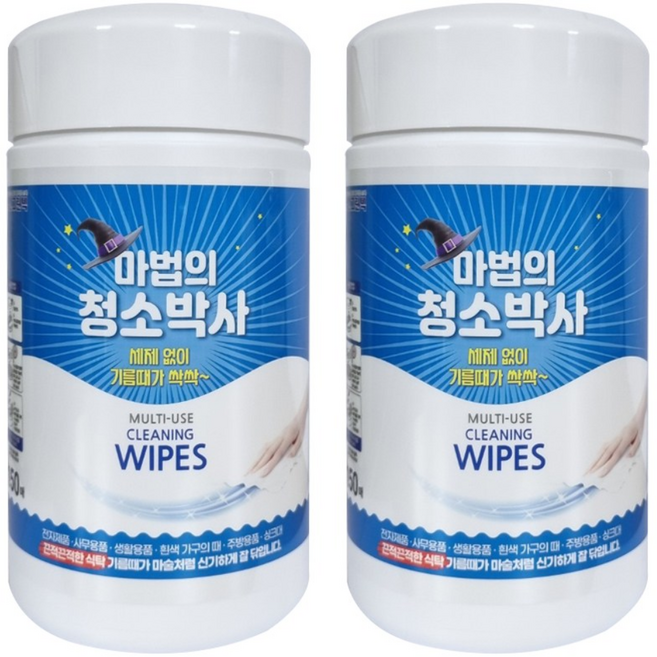 (무료배송)유한그린텍 마법의 청소박사 150매 원통형 2통 청소 물티슈 크리너 기름때 찌든때 제거, 2개