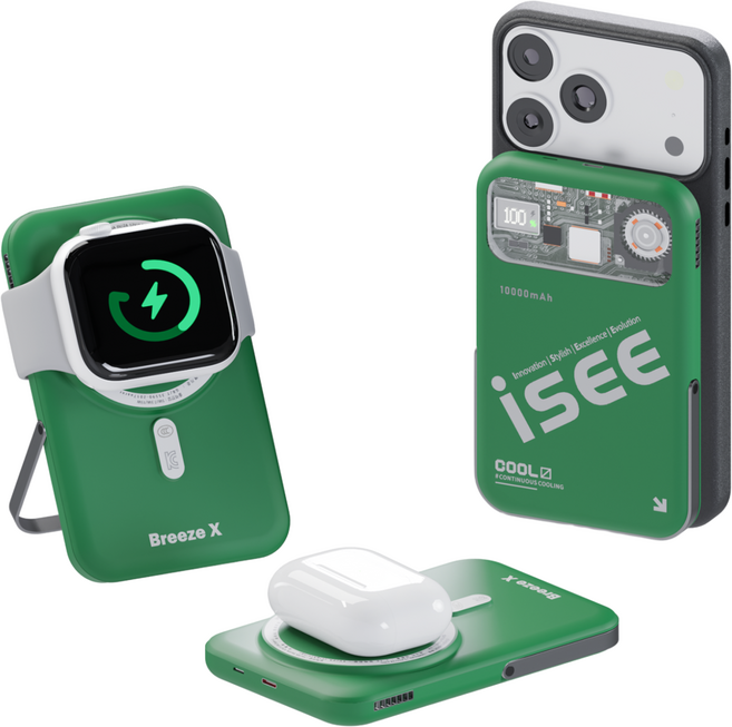 아이시(isee)맥세이프 준고체 보조배터리 10000mAh CCC 인증 3in1 냉각 15W 무선충전 22.5W 고속충전 애플워치 갤럭시워치 브리즈X, 딥그린
