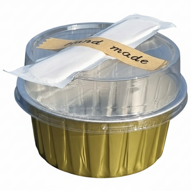 수플레컵 알루미늄 에그타르트 오븐용기 125ml 골드 중간뚜껑포함 + 나무스푼 + 스티커 포함 원형 티라미수 보틀케이크 컵케익용기, 1세트, 100개입
