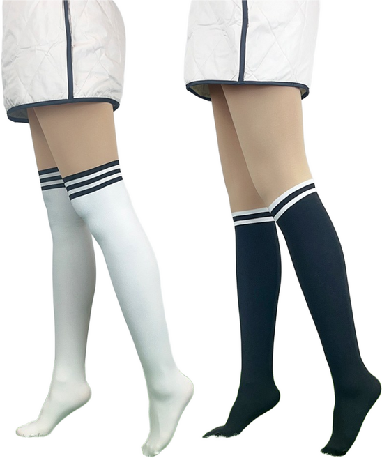 엔조이핏 여성 겨울 기모 투톤 골프스타킹 스트라이프 자외선차단 보정, 화이트 니삭스, 1개
