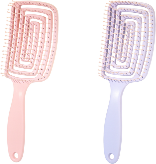HB153 엉킴방지 헤어 머리 브러쉬 뿌리 볼륨 빗 2개 1세트, 1개, 핑크+퍼플