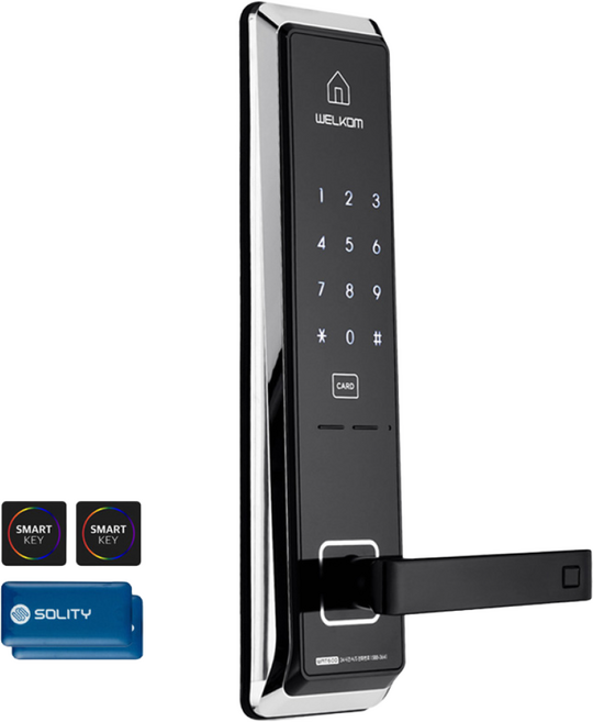 [수도권설치-내일도 가능] 솔리티 웰콤 WMT600 카드키4개+번호키 0초즉시잠금 허수기능음량무음가능 내부이중잠금 전기충격무력화 크롬도금 강력한내구성 현관문 디지털도어락 도어록, 웰콤 WMT600/무료설치(A지역)-내일(일요일 제외), 방문설치