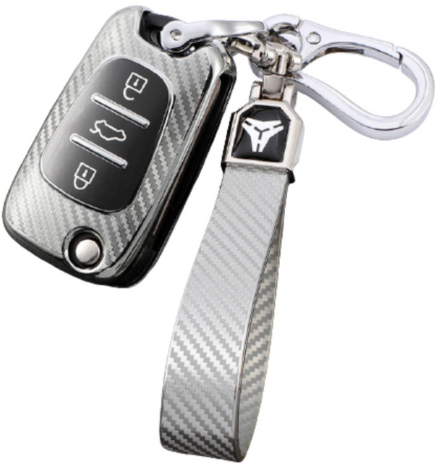 TWOMI 현대 기아 폴딩키 카본 키케이스세트(키링포함) 카본패턴 구형3버튼 아반떼 k5 k7 모닝 레이 포터 쏘울 스포티지R YF소나타 호환, 실버