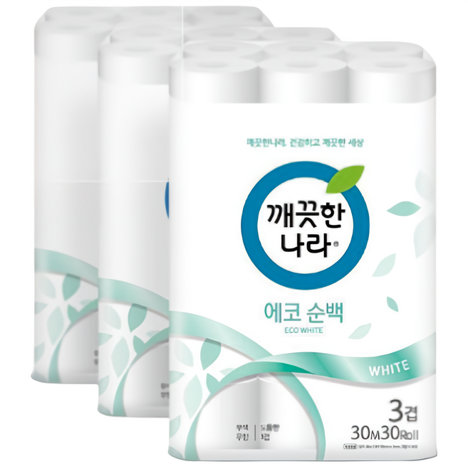 깨끗한나라 에코순백 3겹 롤화장지, 30m, 30롤, 3개