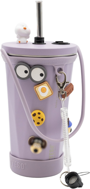 림401 대용량 차량용 밀폐 진공 텀블러 보온보냉 넣었다빼는 빨대텀블러 풀세트 뚜껑분실방지 텀블러손잡이스트링 텀블러받침 데코2종포함 600ml, 퍼플, 1개