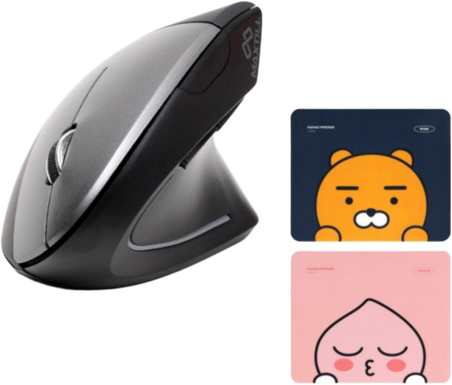 MAXTILL 컴퓨터 무선 버티컬 마우스 맥스틸 GM-WEM30L 블랙 / 블랙+실버 손목보호형 손목터널증후군 오른손용 사은품 카카오프랜즈 마우스패드 1개 랜덤