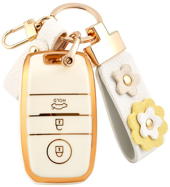 OFFCURVE 기아 자동차 엣지라인 3버튼 모닝 레이 풀커버 스마트키 키커버 키홀더 호환 스포티지 셀토스 쏘렌토 카니발 니로 K5, 백금+가죽 코드