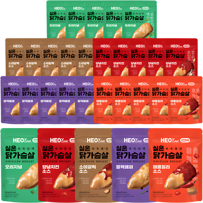 허닭ON 촉촉담백퐁당 실온 닭가슴살 5종 혼합, 30개, 120g