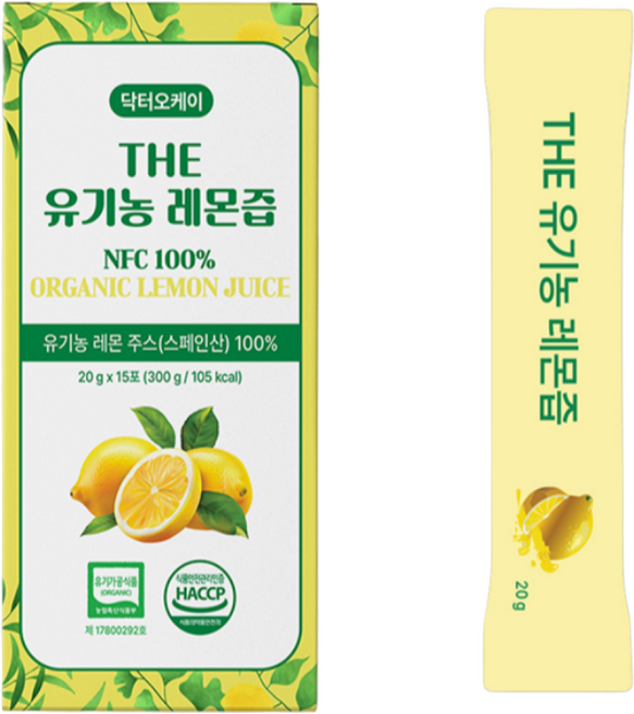 20mg x (15포) 유기농 스페인산 레몬즙 스틱 NFC 100% 레몬 과즙 착즙 비타민 유기가공식품인증 낱개포장 레몬수 레몬주스 레몬차 닥터오케이, 300g, 20박스